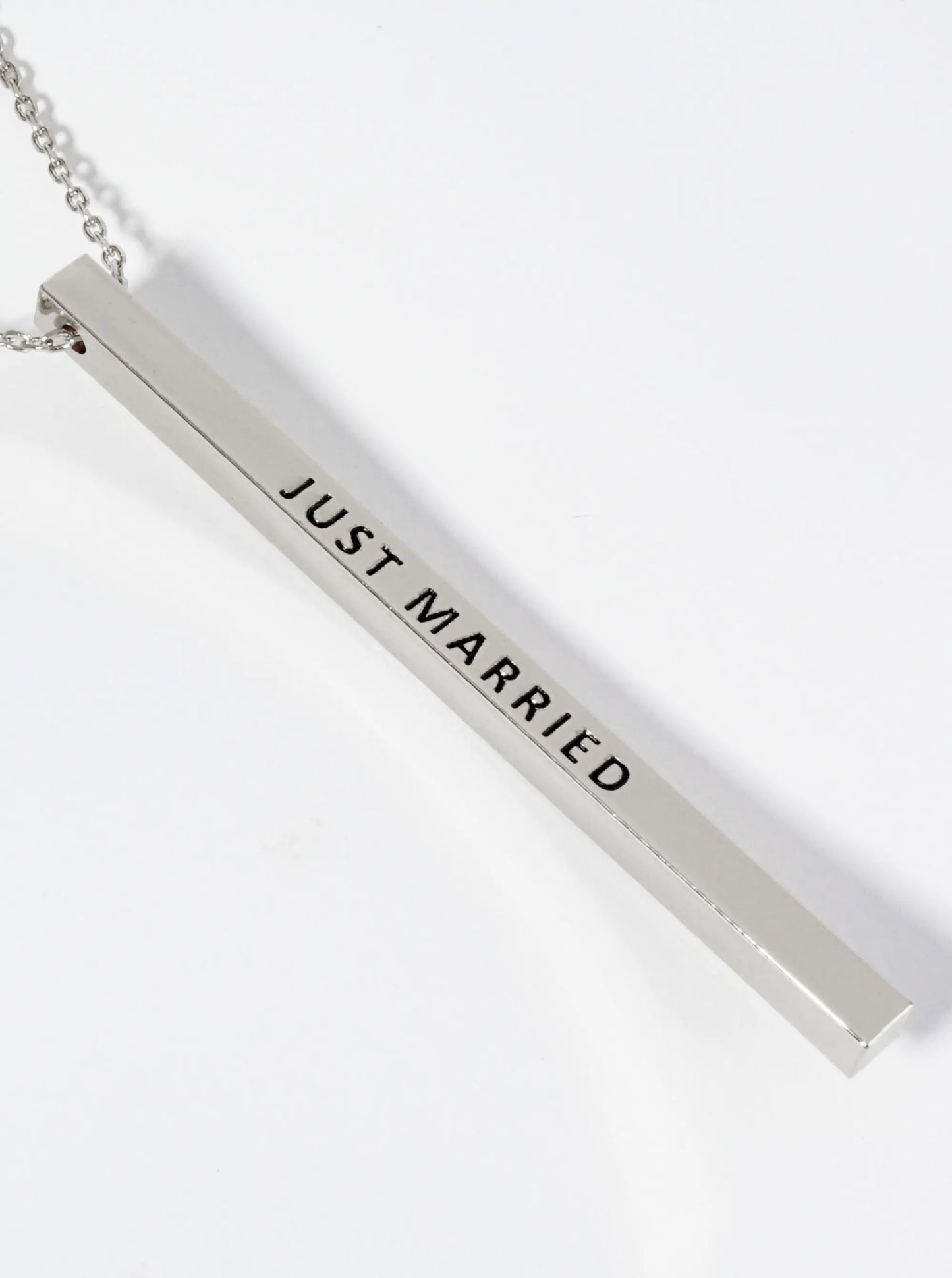 Just Married Engraved Vertical Bar Pendant Inspirational Necklace