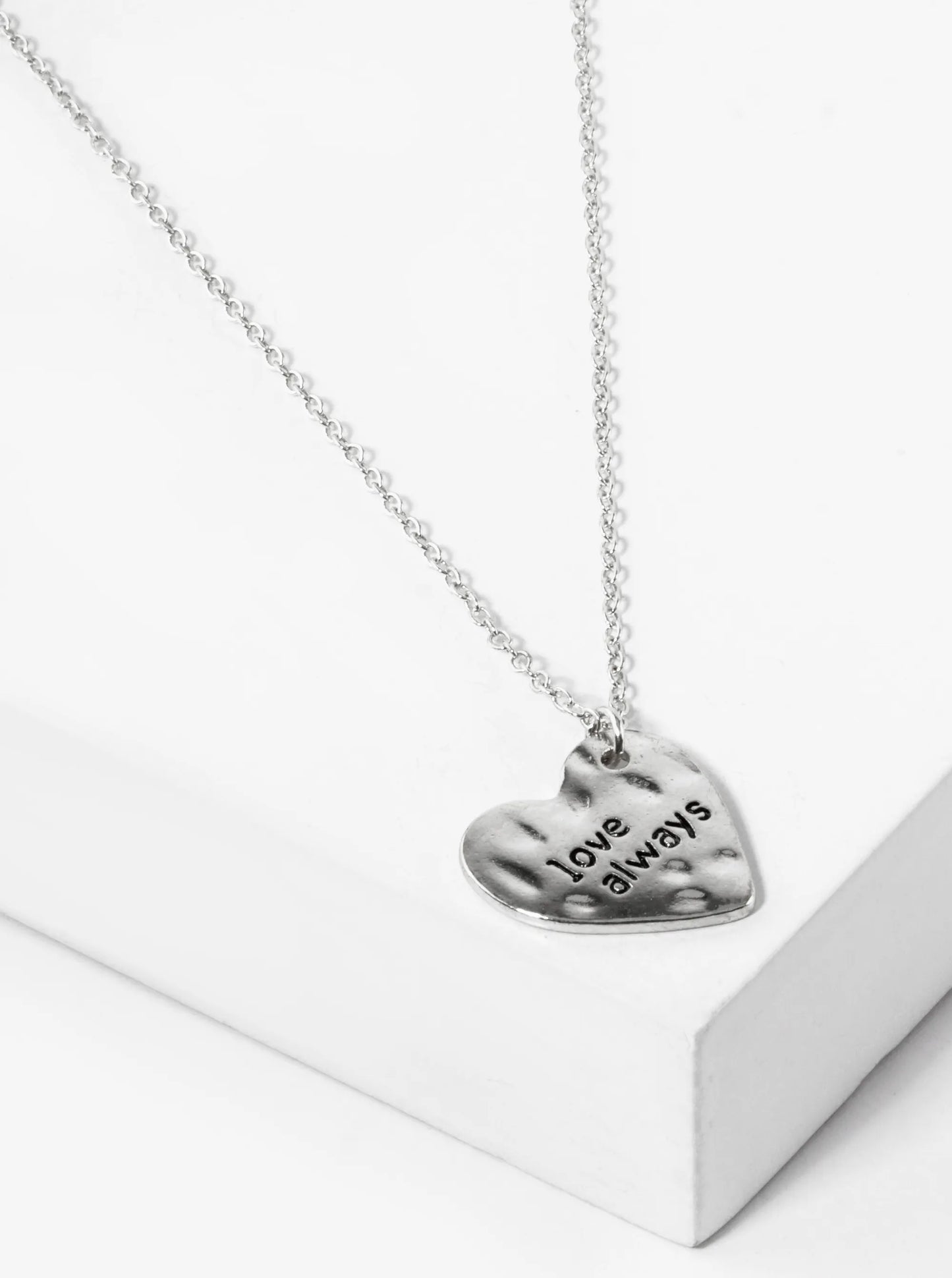 Love Always Engraved Sideways Hammered Metal Heart Pendant Necklace