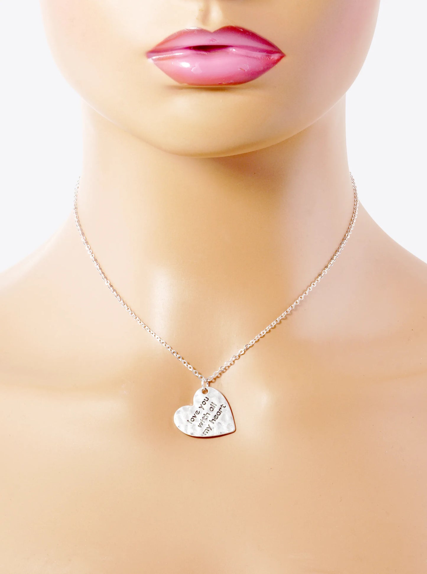 Love You With All My Heart Engraved Hammered Heart Pendant Necklace