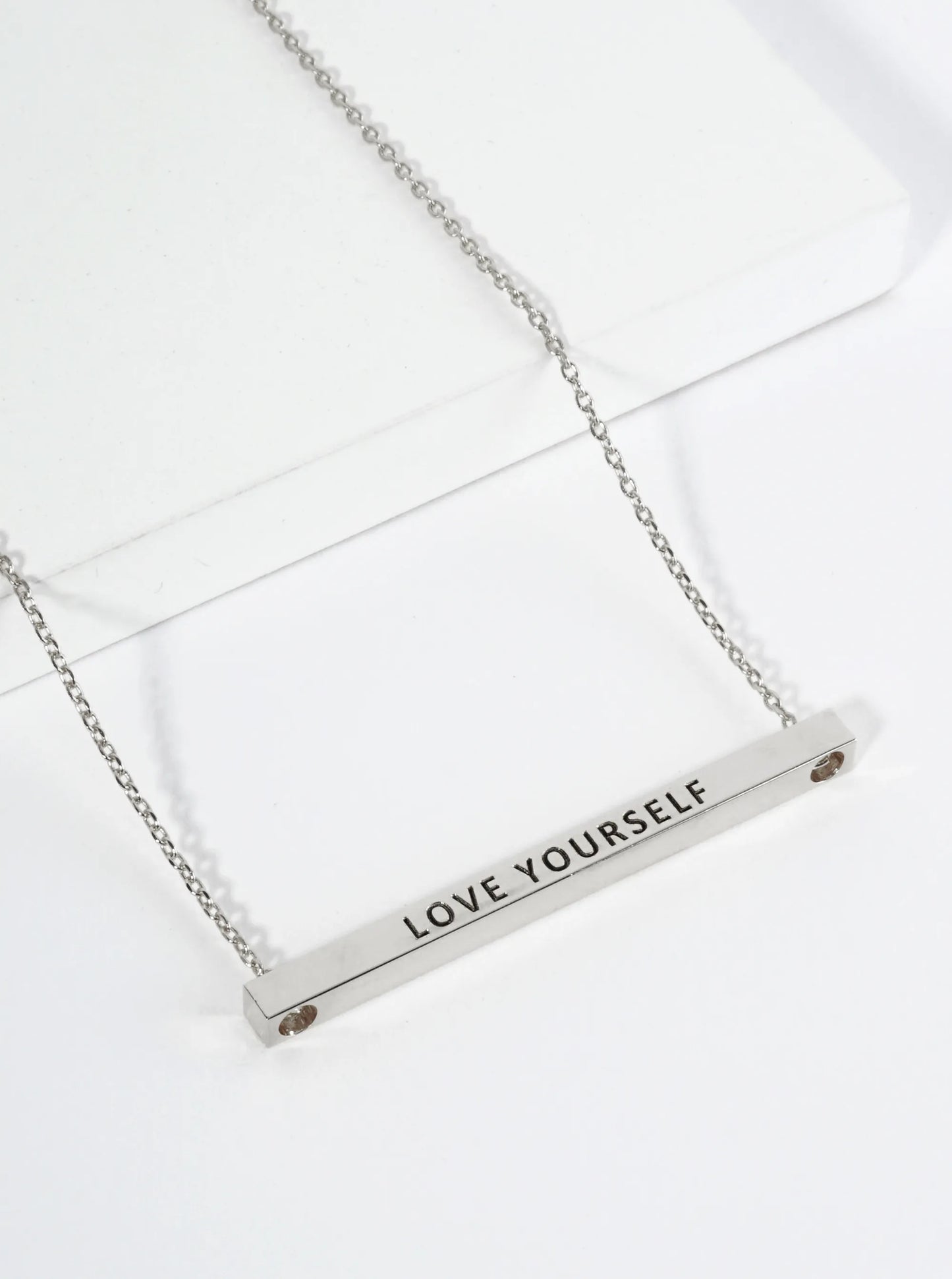 Love Yourself Engraved 18K Gold Dipped Horizontal Brass Bar Pendant Inspirational Necklace