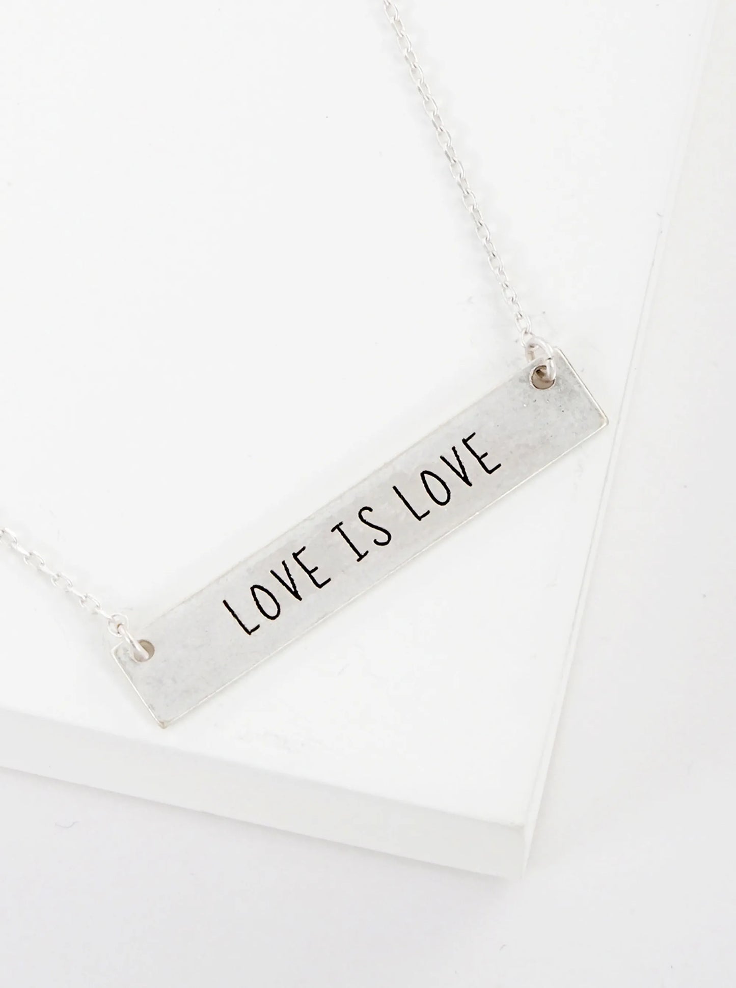 Love Is Love Engraved Horizontal Bar Pendant Necklace