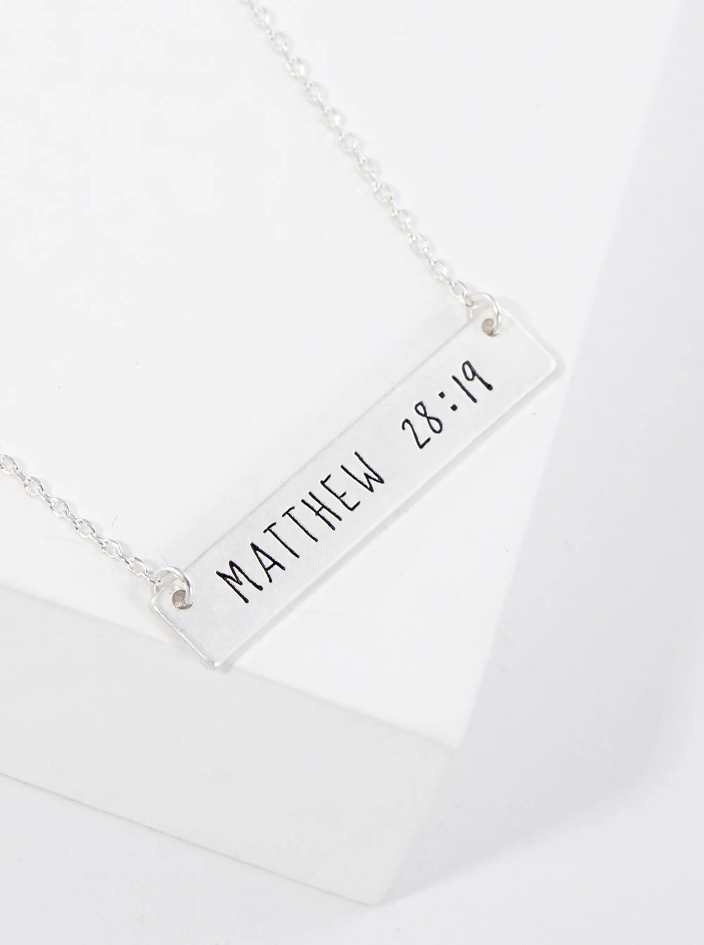 Matthew 28 19 Engraved Horizontal Bar Pendant Necklace