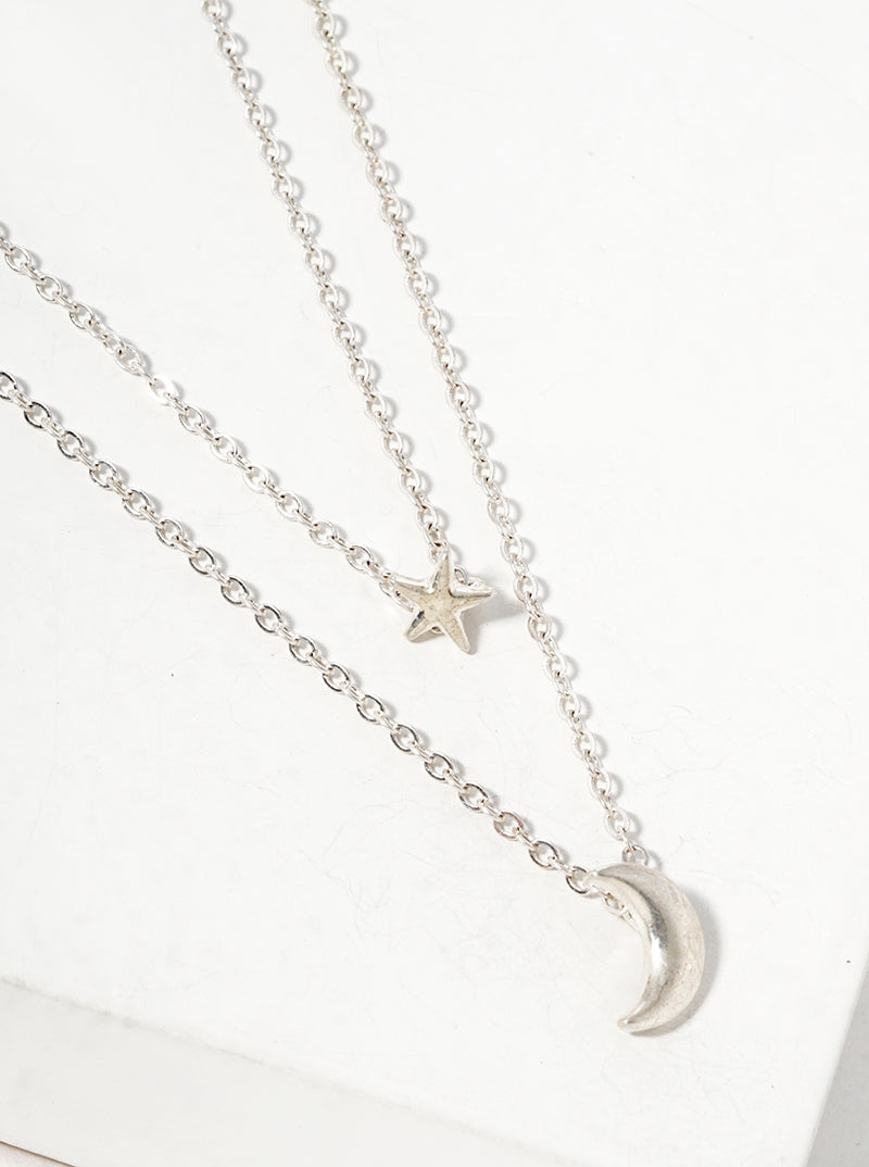 Moon And Star Pendant Layered Necklace