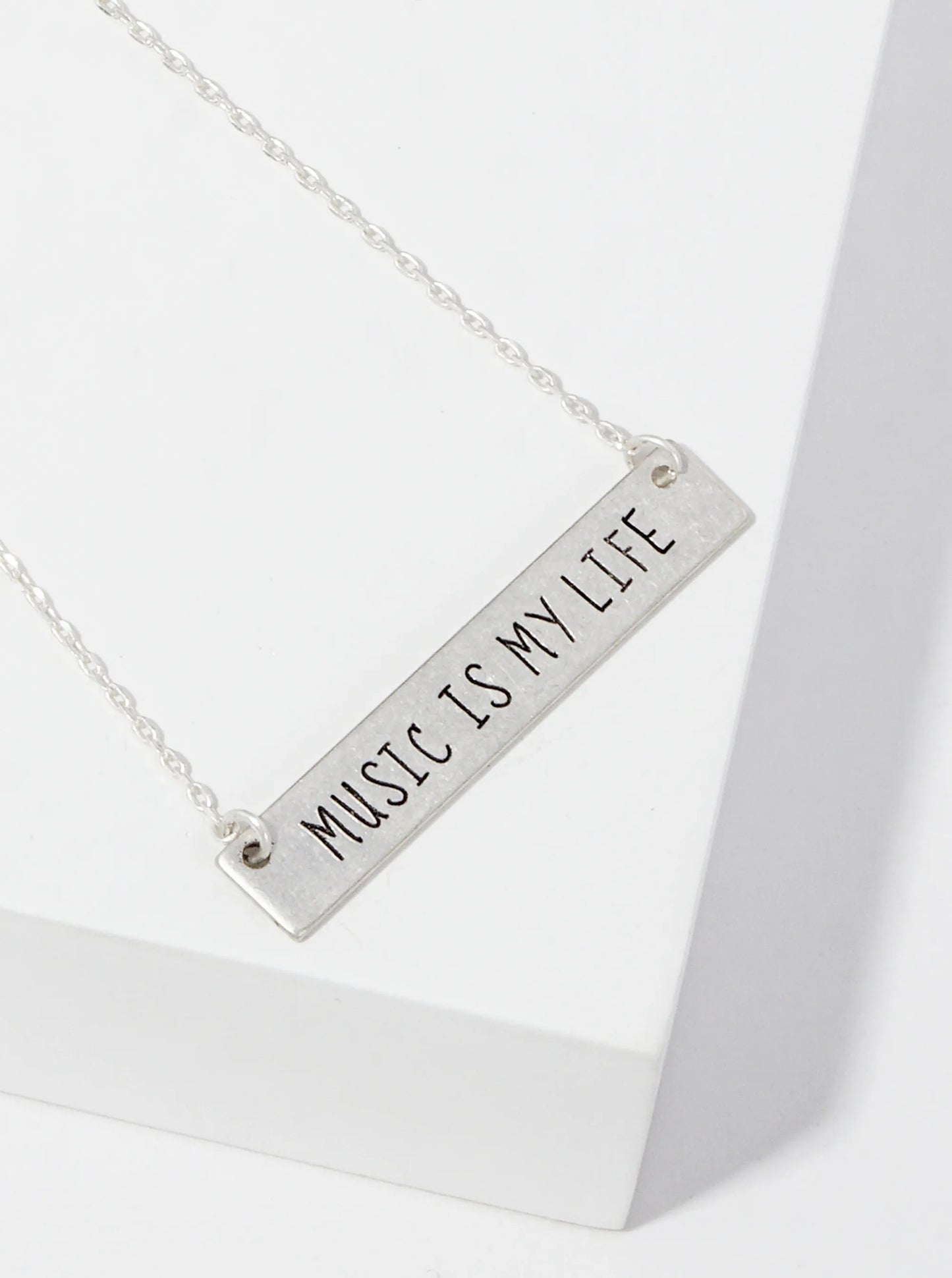 Music Is My Life Engraved Horizontal Bar Pendant Necklace