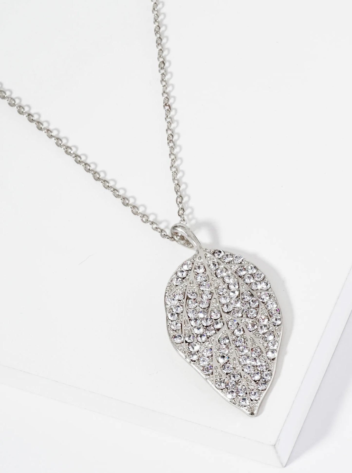 Nature Inspired Crystal Pave Leaf Pendant Necklace