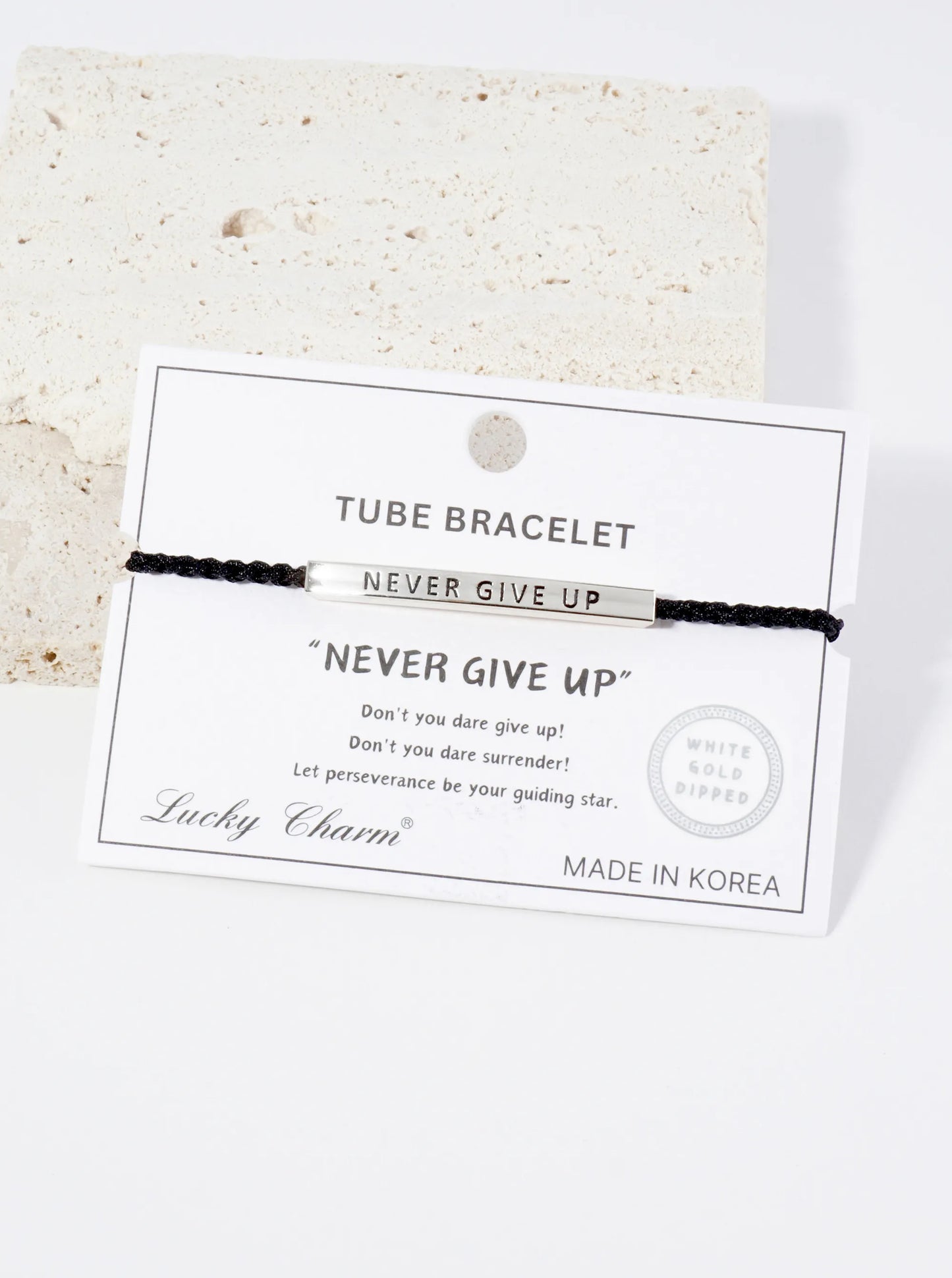 Never Give Up Engraved 18K Gold Dipped Curved Brass Tube Bar Adjustable Pull Tie Bracelet