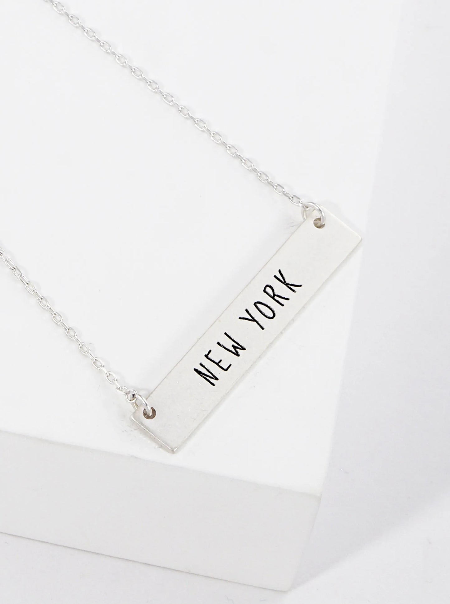 New York Engraved Horizontal Bar Pendant Necklace