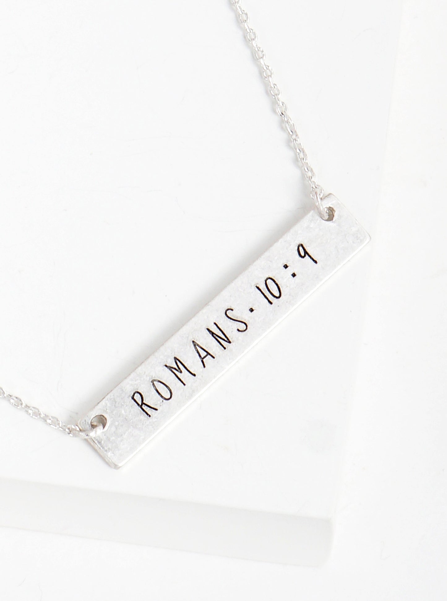 Romans 10 9 Engraved Horizontal Bar Pendant Necklace