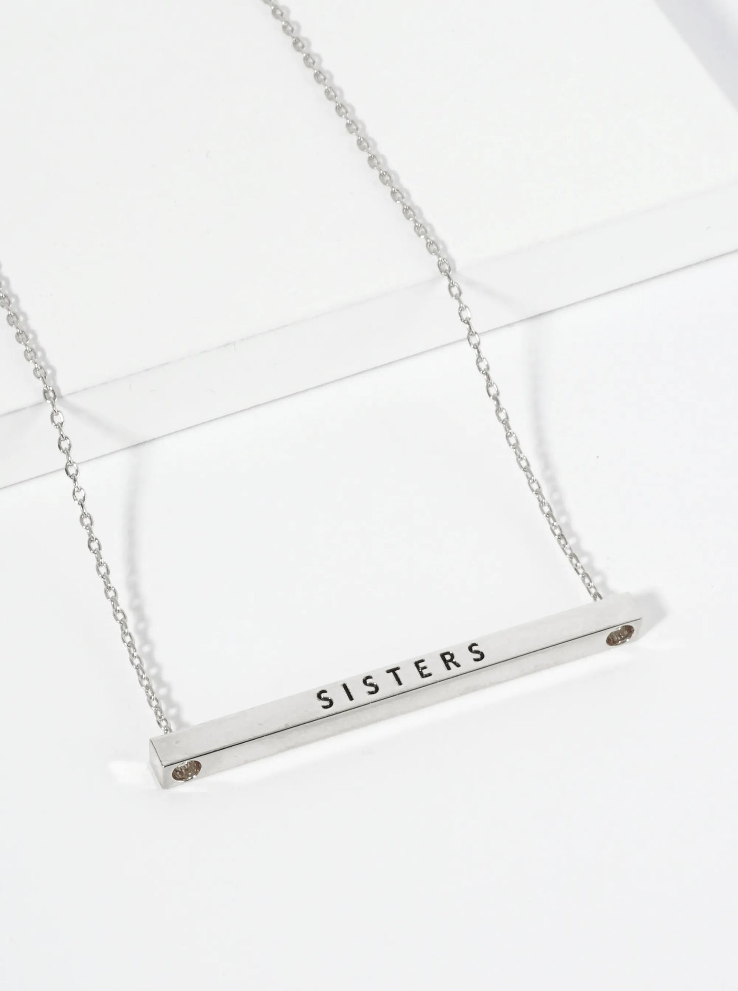 Sisters Engraved 18K Gold Dipped Horizontal Brass Bar Pendant Inspirational Necklace