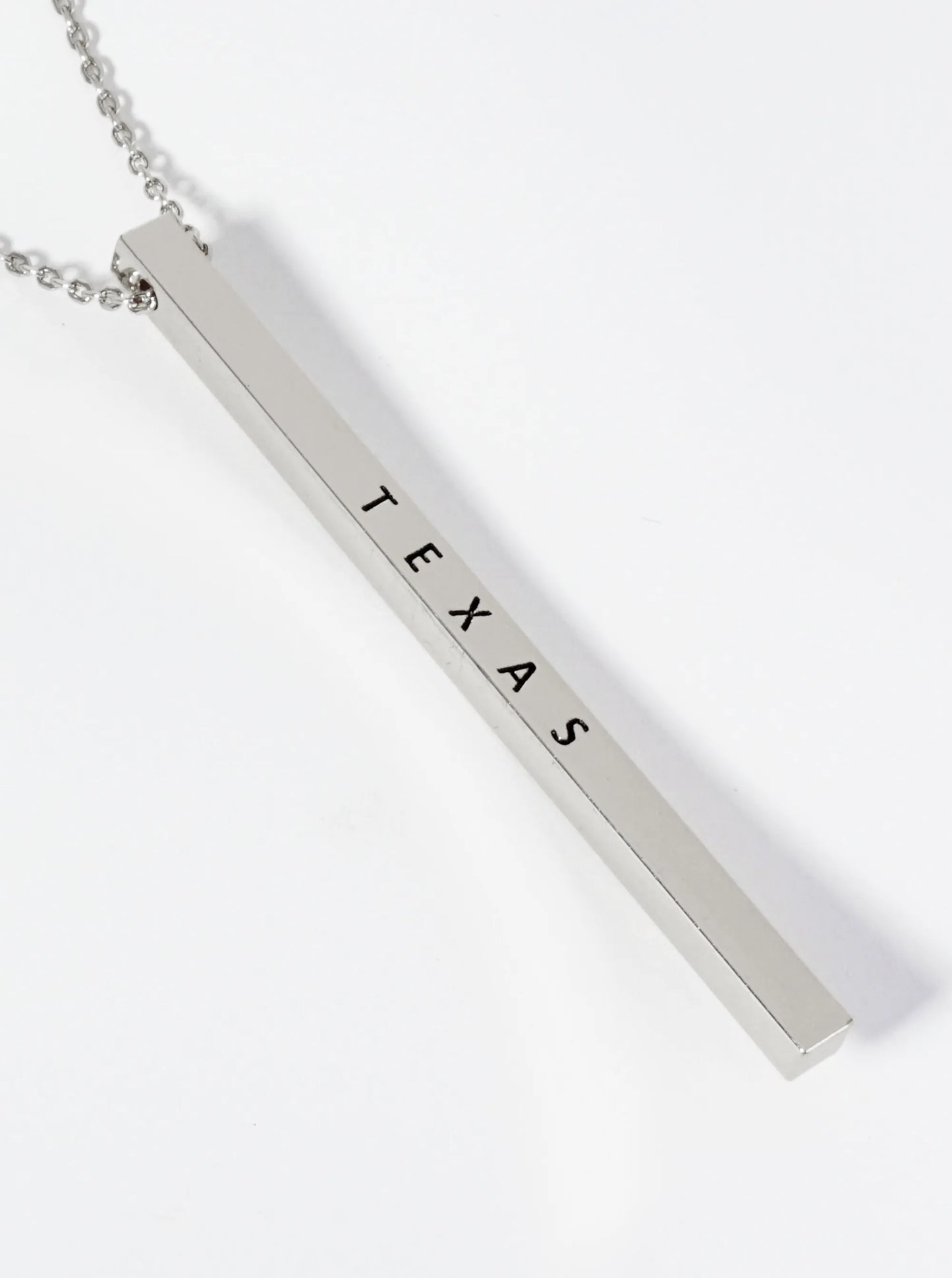 State Of Texas Engraved Vertical Bar Pendant Necklace