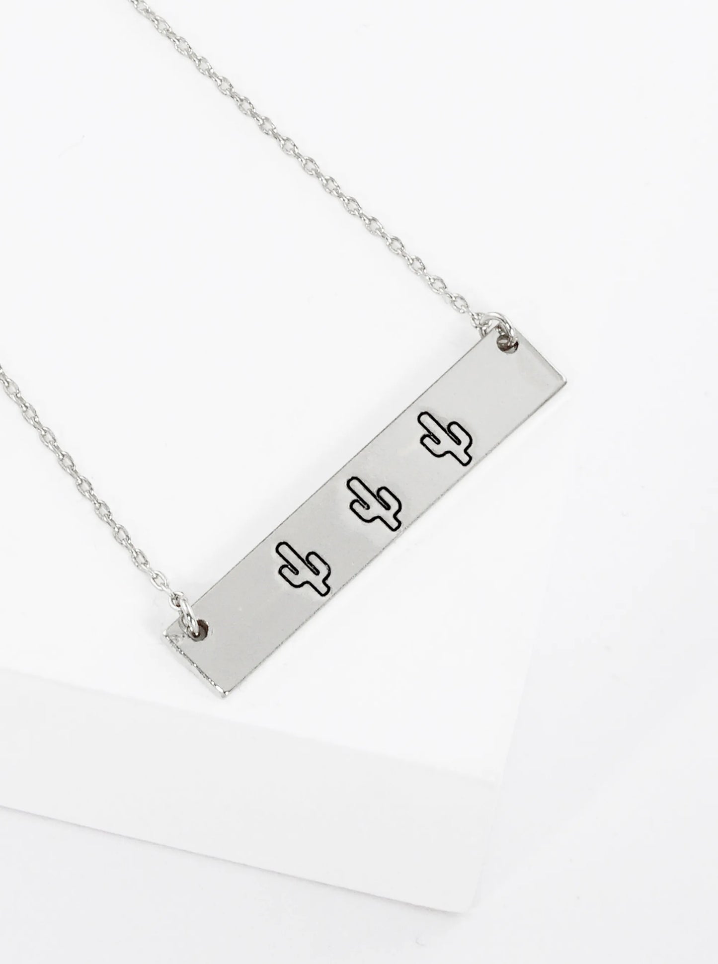 Three Cactus Engraved Horizontal Bar Pendant Necklace