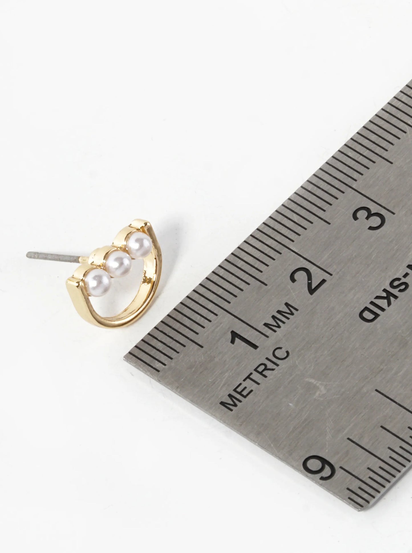 Triple 2mm Pearl Beaded Half Circle Geometric Stud Earrings