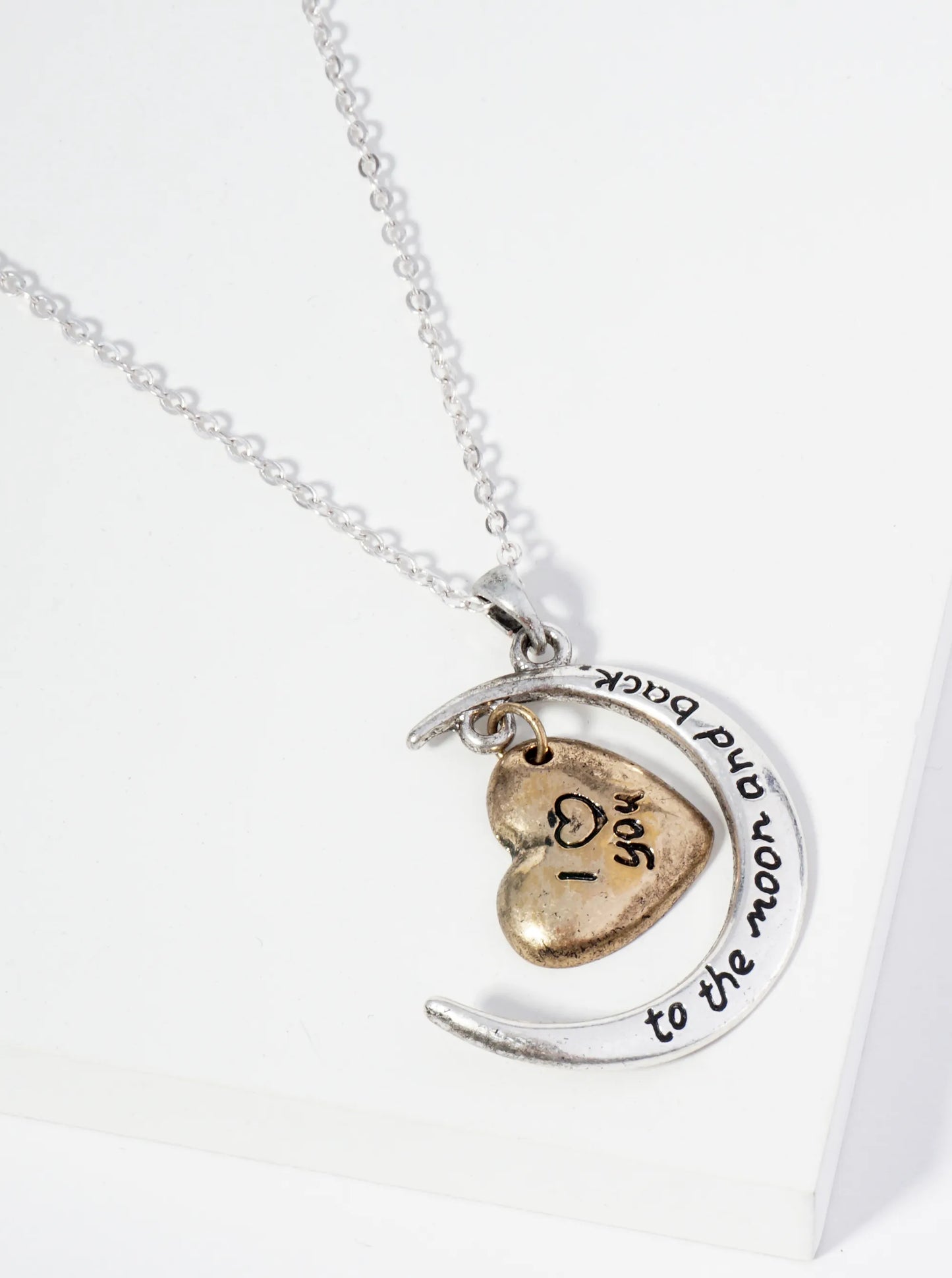 Two-Tone Sentimental Phrase Engraved Heart Embraced Moon Pendant Necklace