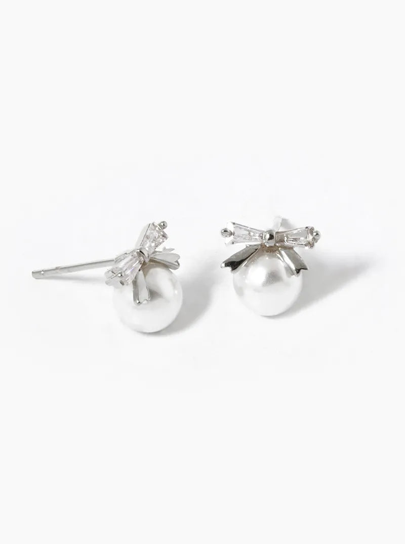 18K Gold Dipped 6mm Pearl Drop CZ Ribbon Bow Stud Earrings