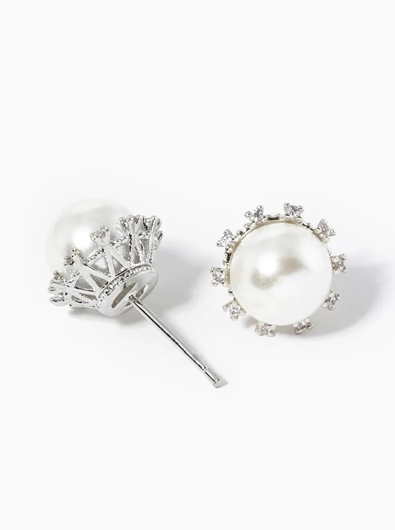 White Gold Dipped 8mm Pearl With CZ Stones Post Stud Earrings