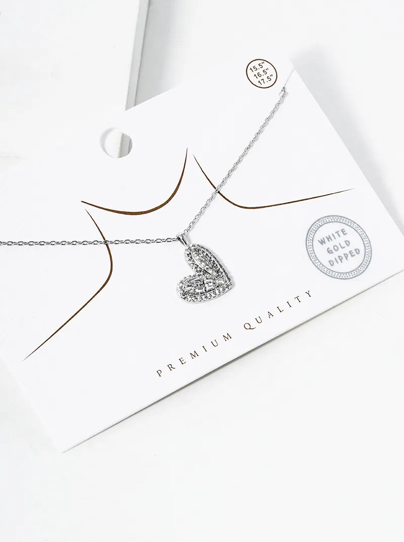 White Gold Dipped Baguette CZ Pave Sideways Heart Pendant Necklace
