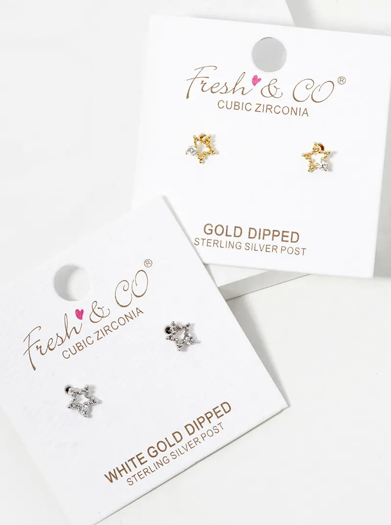 White Gold Dipped CZ Dainty Textured Star Stud Earrings