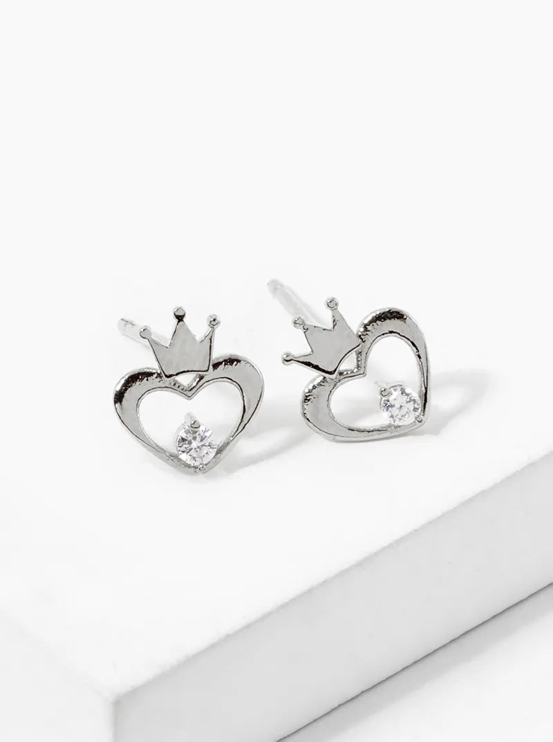 18k Gold Dipped CZ Heart Crown Stud Earrings