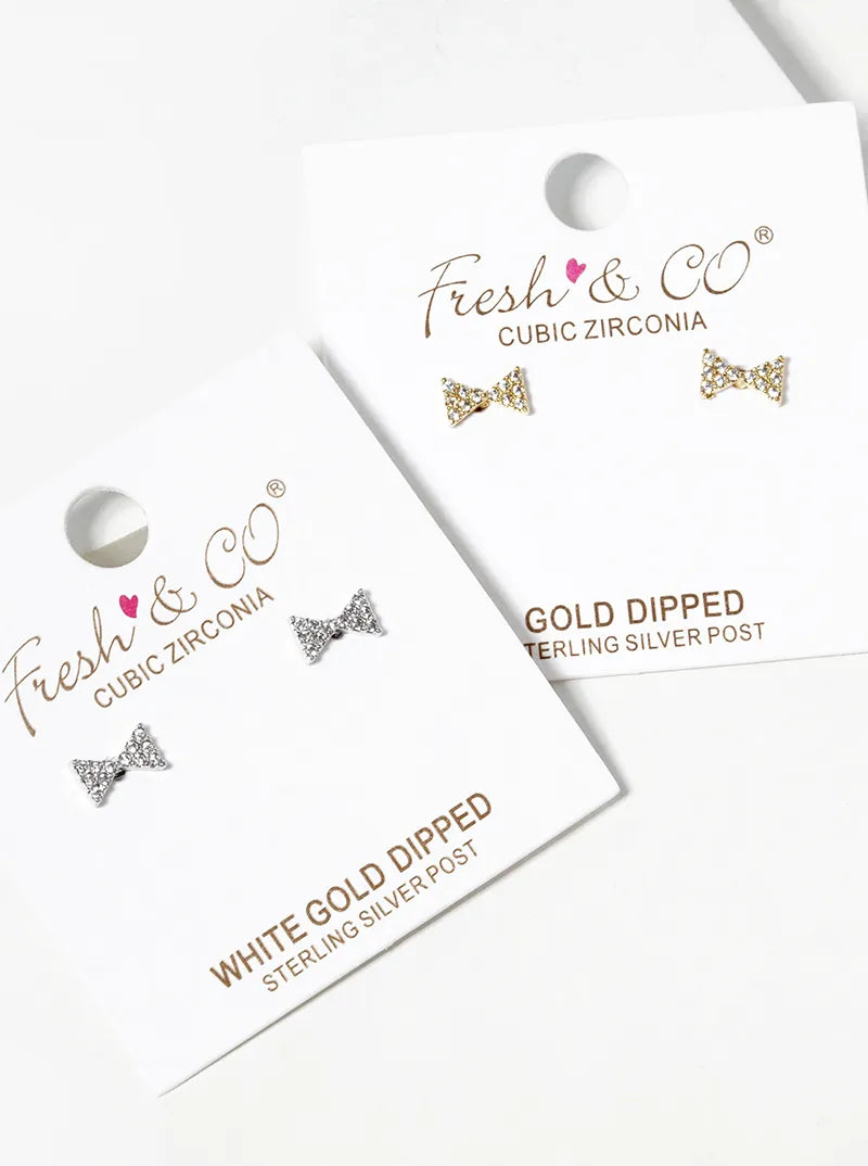 White Gold Dipped CZ Pave 4mm Ribbon Bow Post Stud Earrings