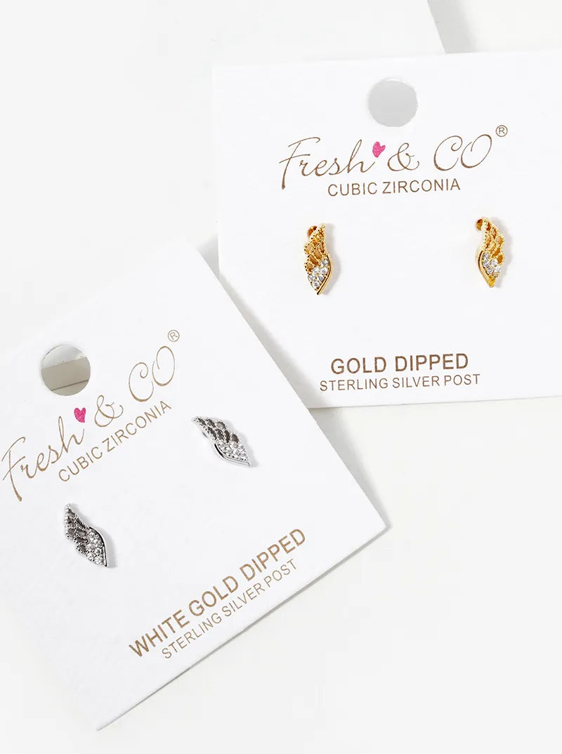 White Gold Dipped CZ Pave Angel Wings Stud Earrings