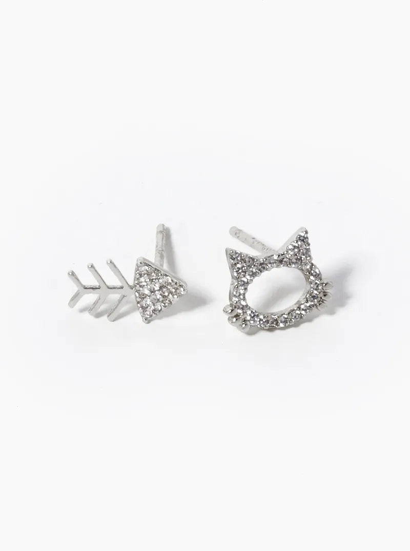 18k Gold Dipped CZ Pave Cat And Fishbone Stud Earrings