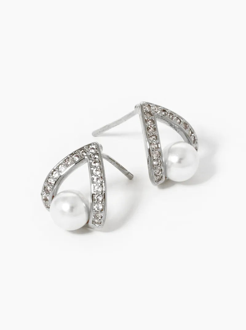 18k Gold Dipped CZ Pave Curved Teardrop Stud Earrings