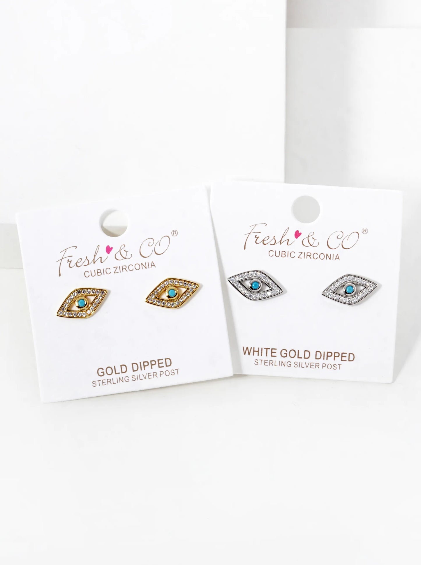 White Gold Dipped CZ Pave Evil Eye Spiritual Stud Earrings
