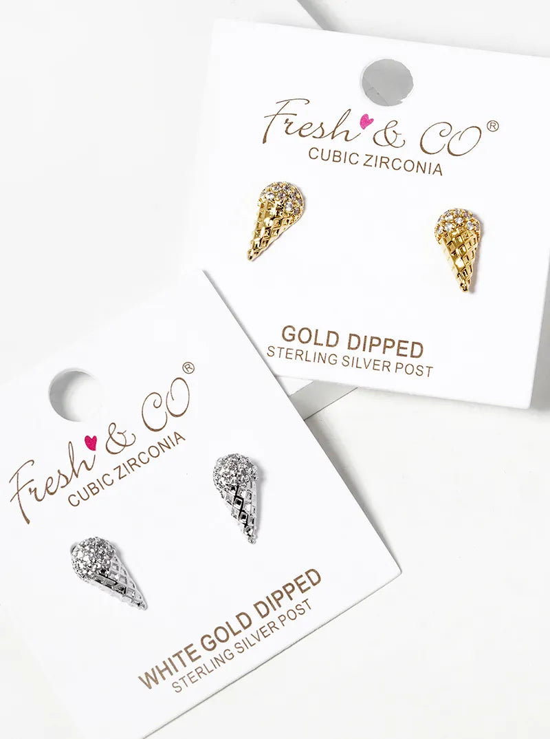 White Gold Dipped CZ Pave Ice Cream Cone Post Stud Earrings