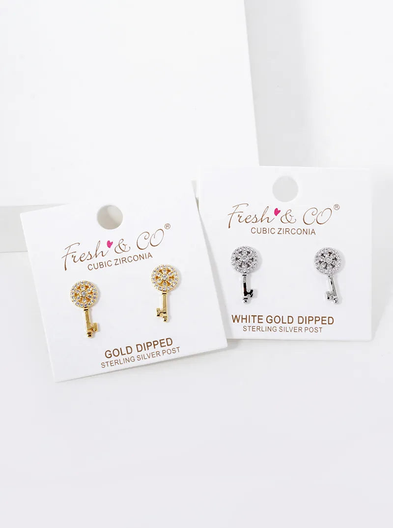 White Gold Dipped CZ Pave Key Stud Earrings