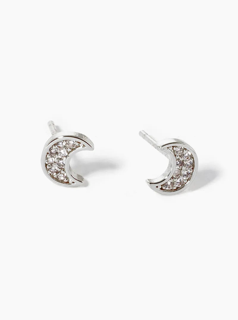 18k Gold Dipped CZ Pave Moon Post Stud Earrings