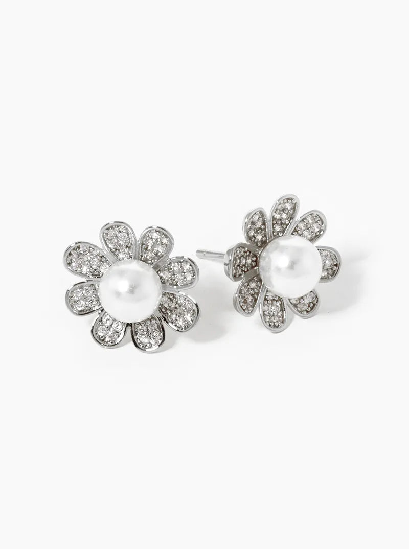 18k Gold Dipped CZ Pave Pearl Flower Stud Earrings