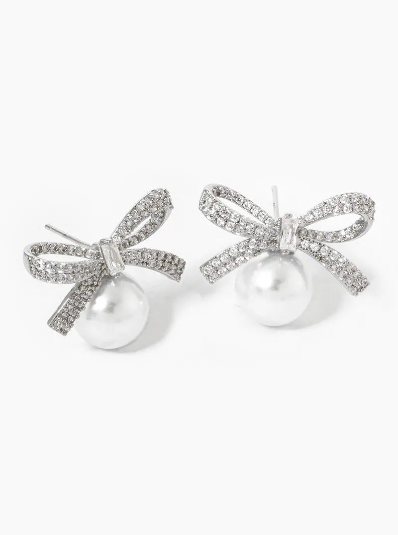18K Gold Dipped CZ Pave Pearl Ribbon Bow Stud Earrings