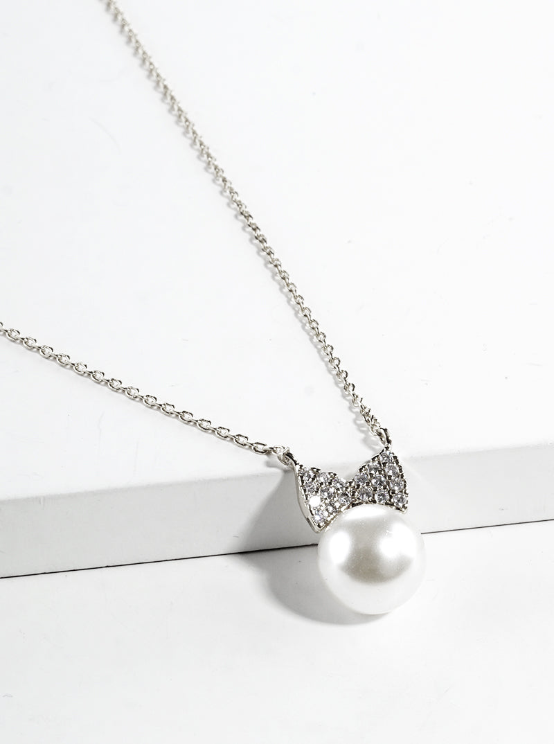 18K Gold Dipped CZ Pave Ribbon Bow Pearl Pendant Necklace
