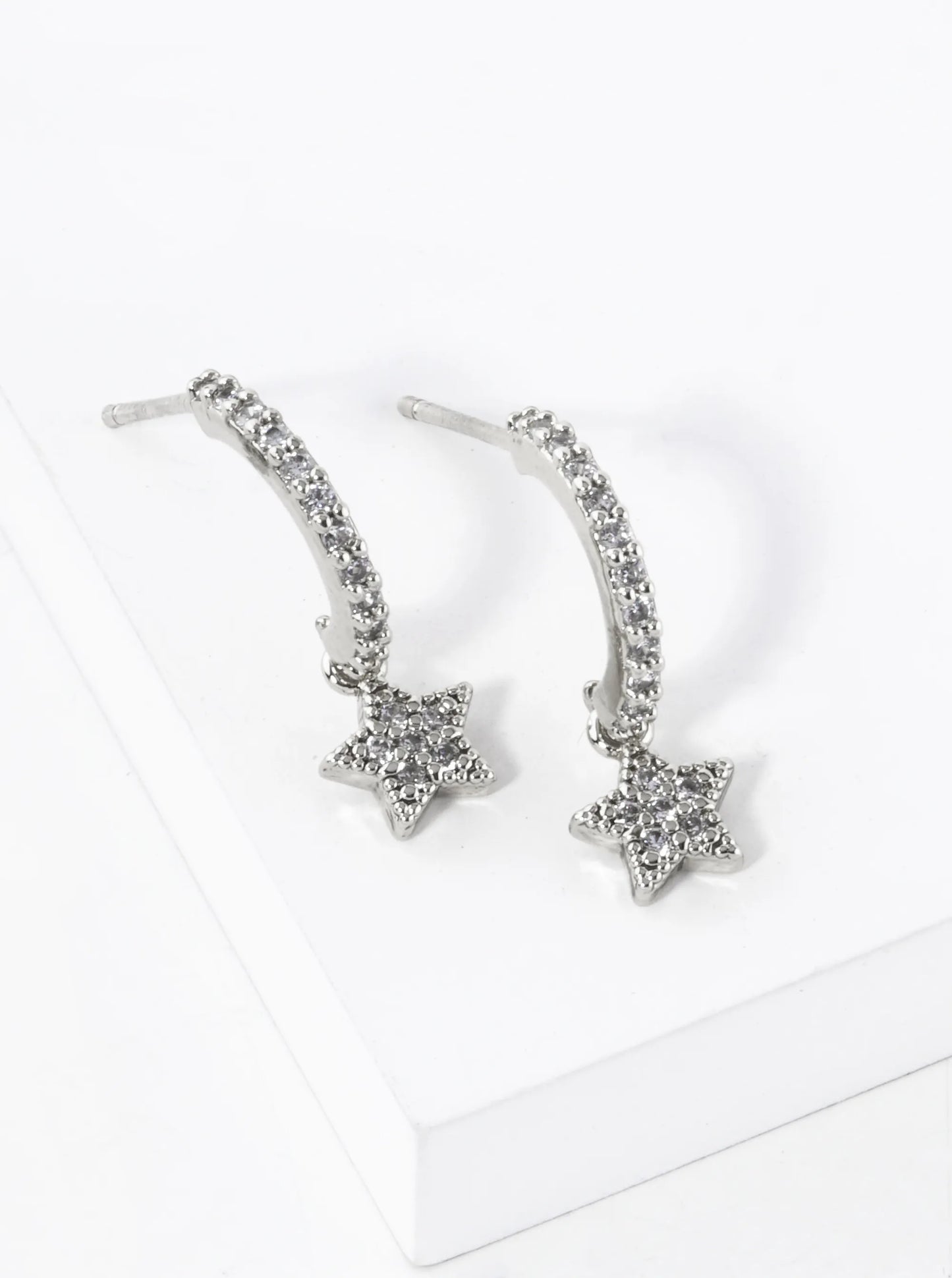 18K Gold Dipped CZ Pave Tiny Star Drop 12mm Open Huggie Hoop Earrings