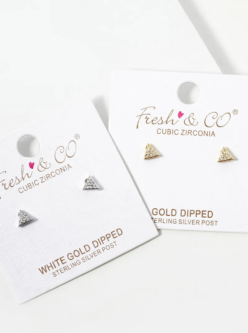 White Gold Dipped CZ Pave Triangle Stud Earrings