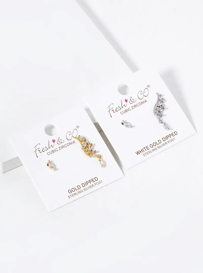 White Gold Dipped CZ Pave Uneven Stud Earrings