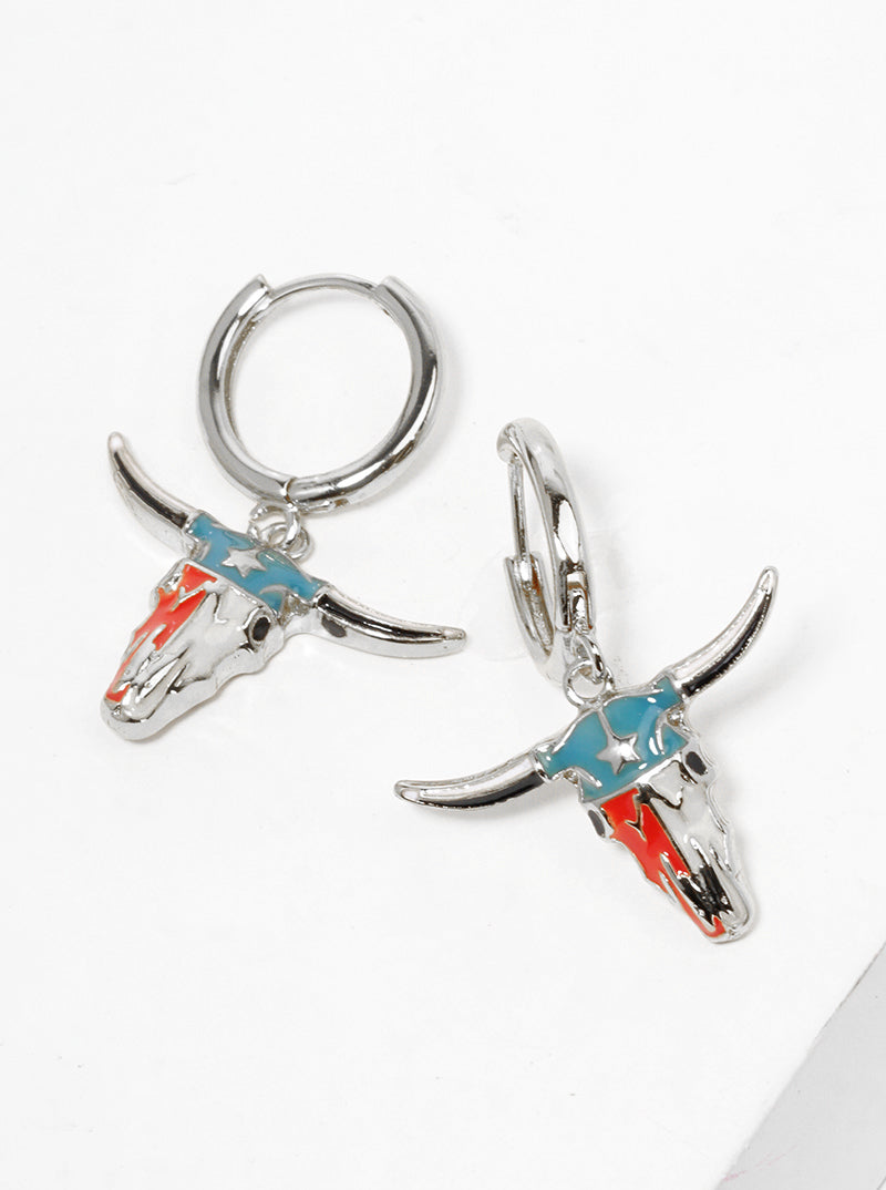 18K Gold Dipped Enamel Filled Bull Head Drop 12mm Huggie Hoop Earrings