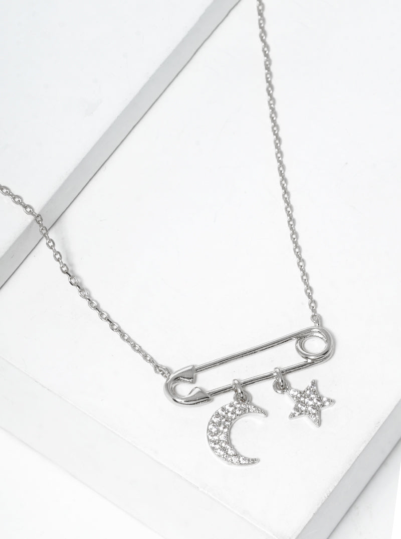 18k Gold Dipped Safety Pin With Star And Moon Drop Pendant Necklace