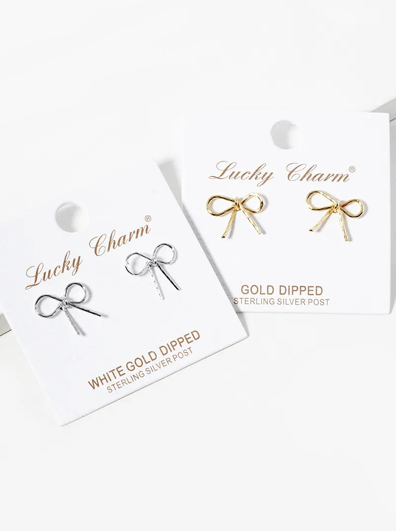 White Gold Dipped Textured Wire Ribbon Bow Post Stud Earrings