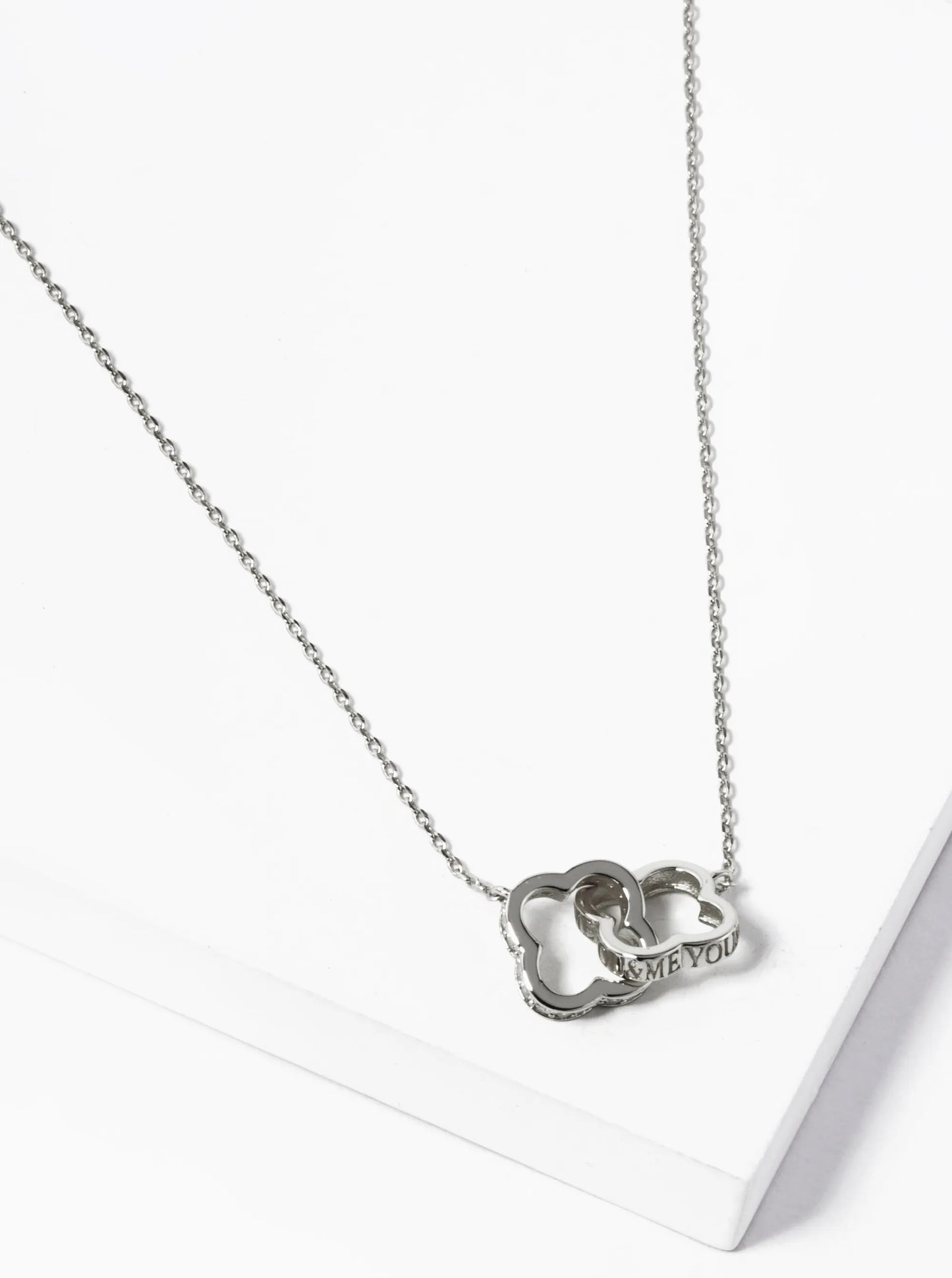 18k Gold Dipped You And Me Engraved CZ Pave Interlocking Quatrefoil Pendant Necklace