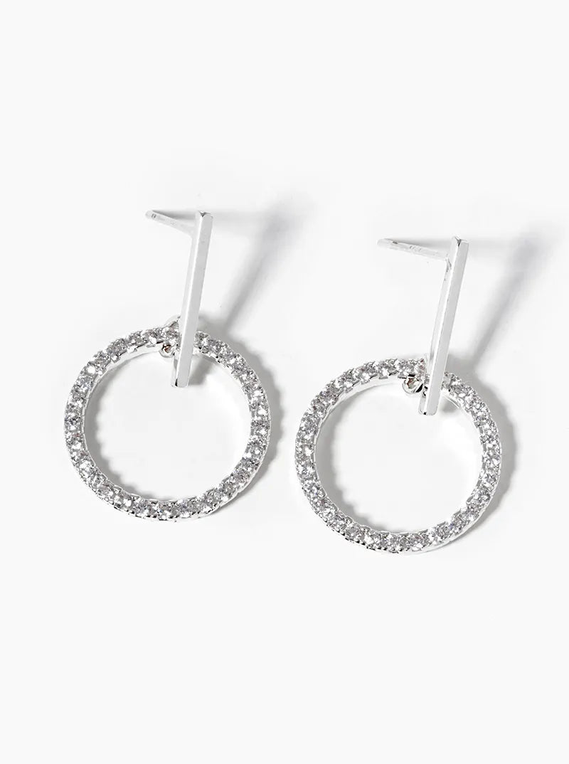 18k Gold Dipped CZ Pave Circle Drop Delicate Dangle Post Earrings