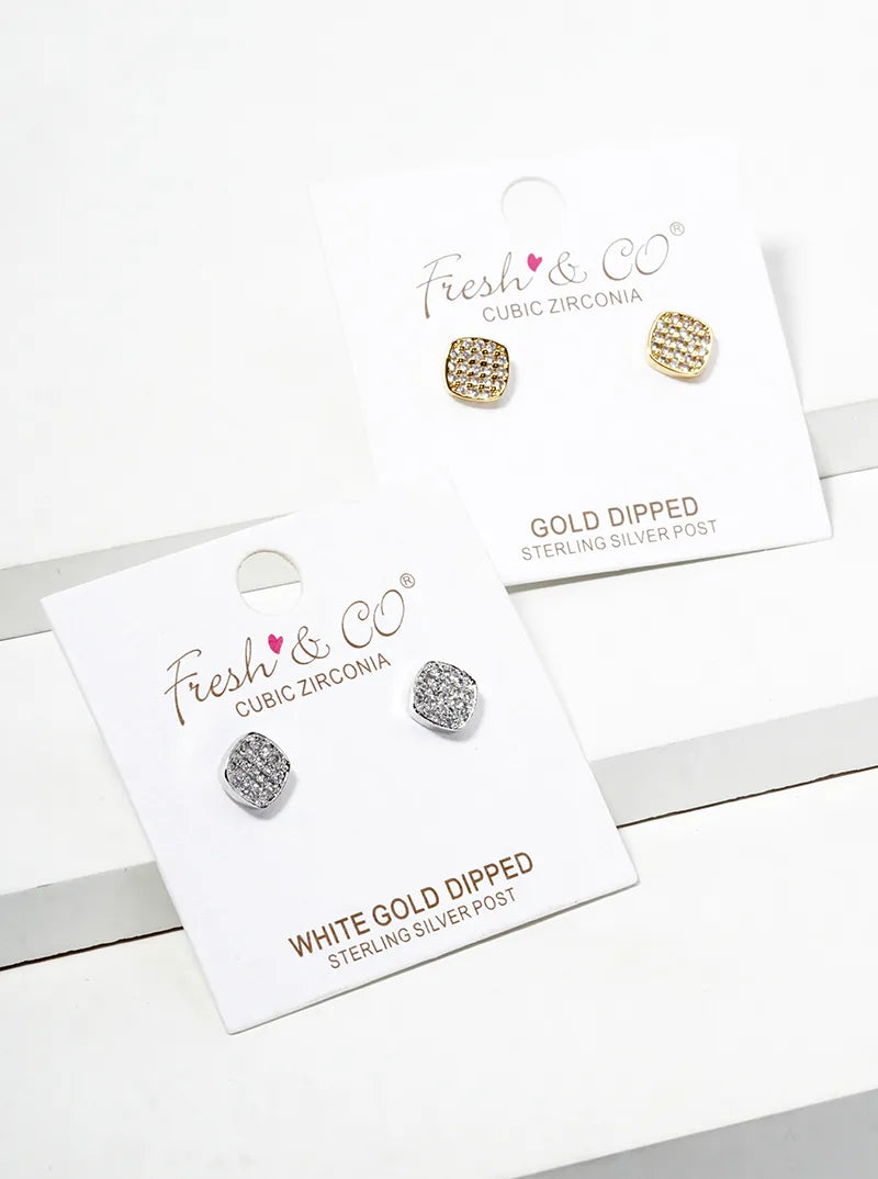White Gold Dipped CZ Pave Dainty Rounded Square Post Stud Earrings