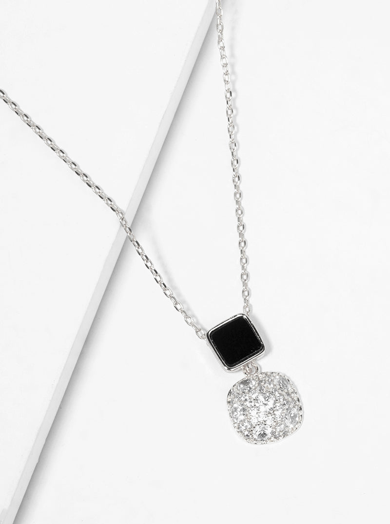 White Gold Dipped CZ Pave Double Square Pendant Delicate Necklace