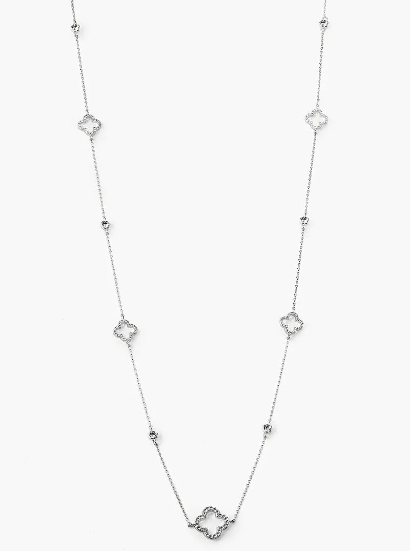 18k Gold Dipped CZ Pave Quatrefoil Long Station Necklace