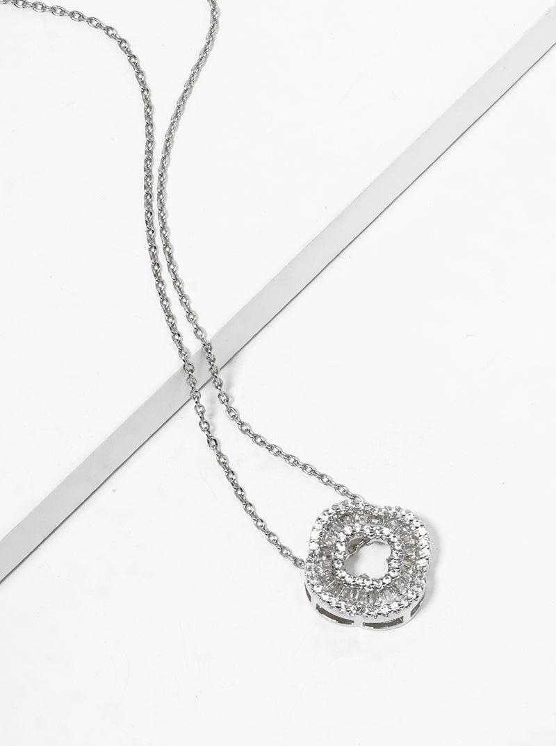 White Gold Dipped CZ Pave Quatrefoil Pendant Necklace