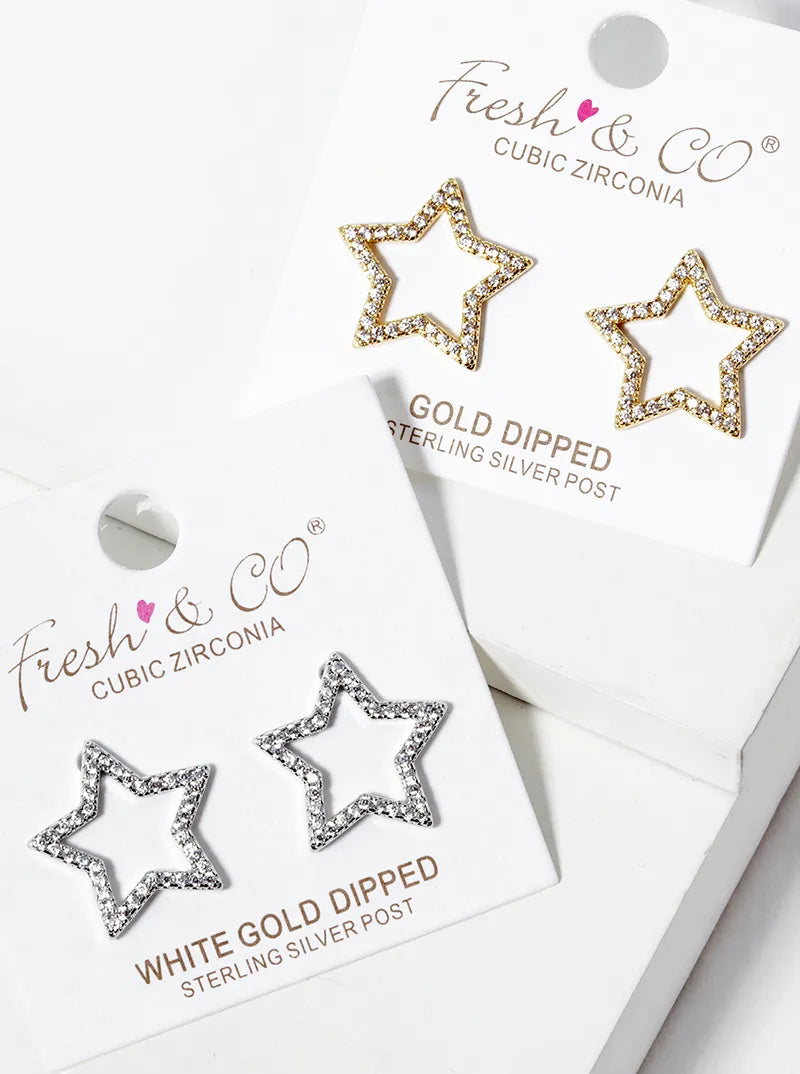 White Gold Dipped CZ Pave Star Post Stud Earrings
