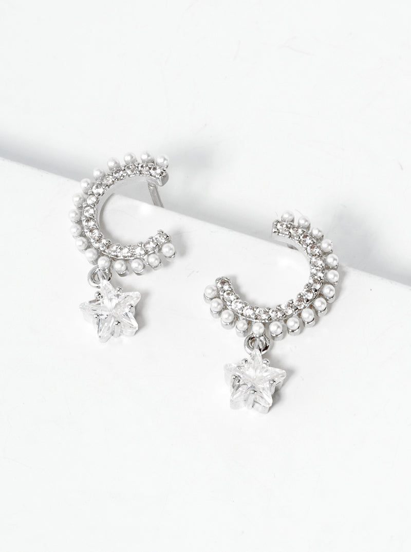 18k Gold Dipped CZ Star Drop Pearl Beaded Dangle Post Earrings