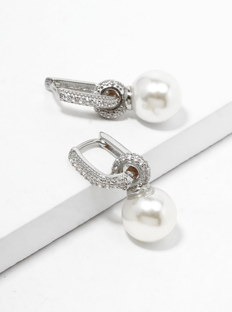 18k Gold Dipped Glass Pearl Drop CZ Pave Huggie Hoop Earrings