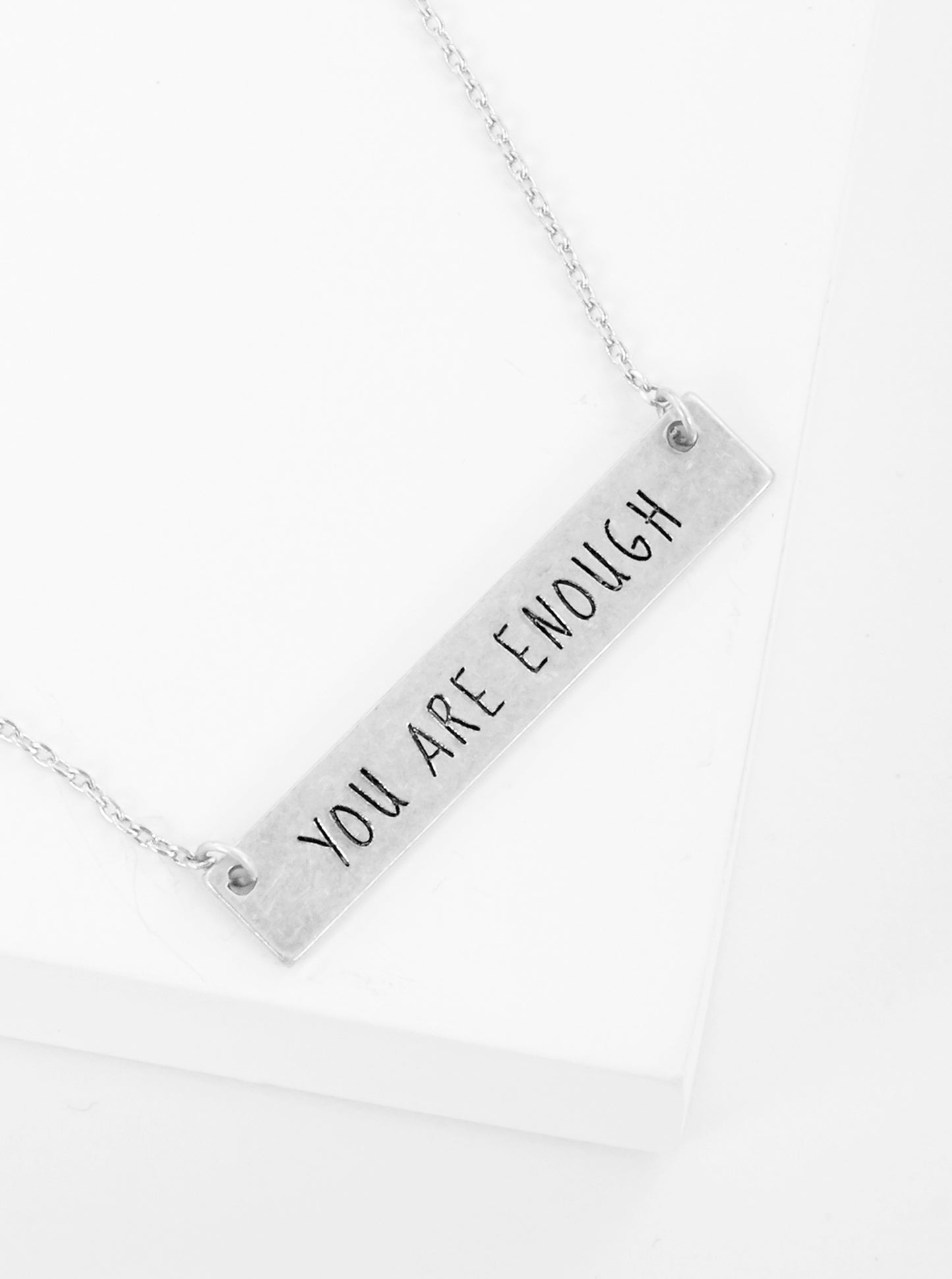 You Are Enough Engraved Horizontal Bar Pendant Necklace