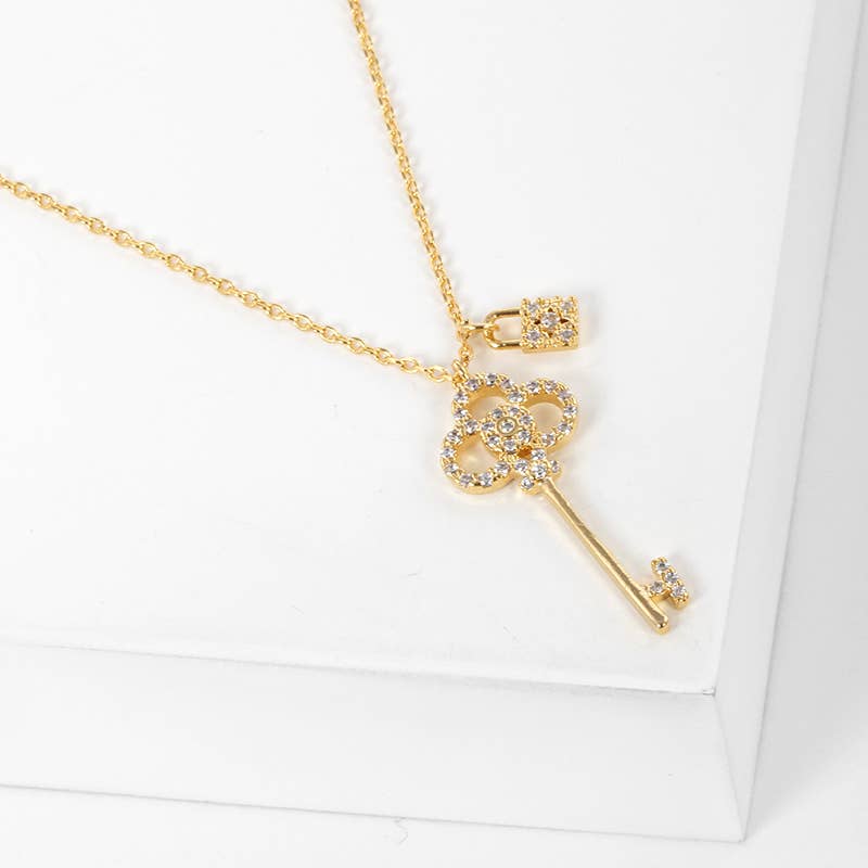 Pave Clover Key and Lock Pendant Necklace